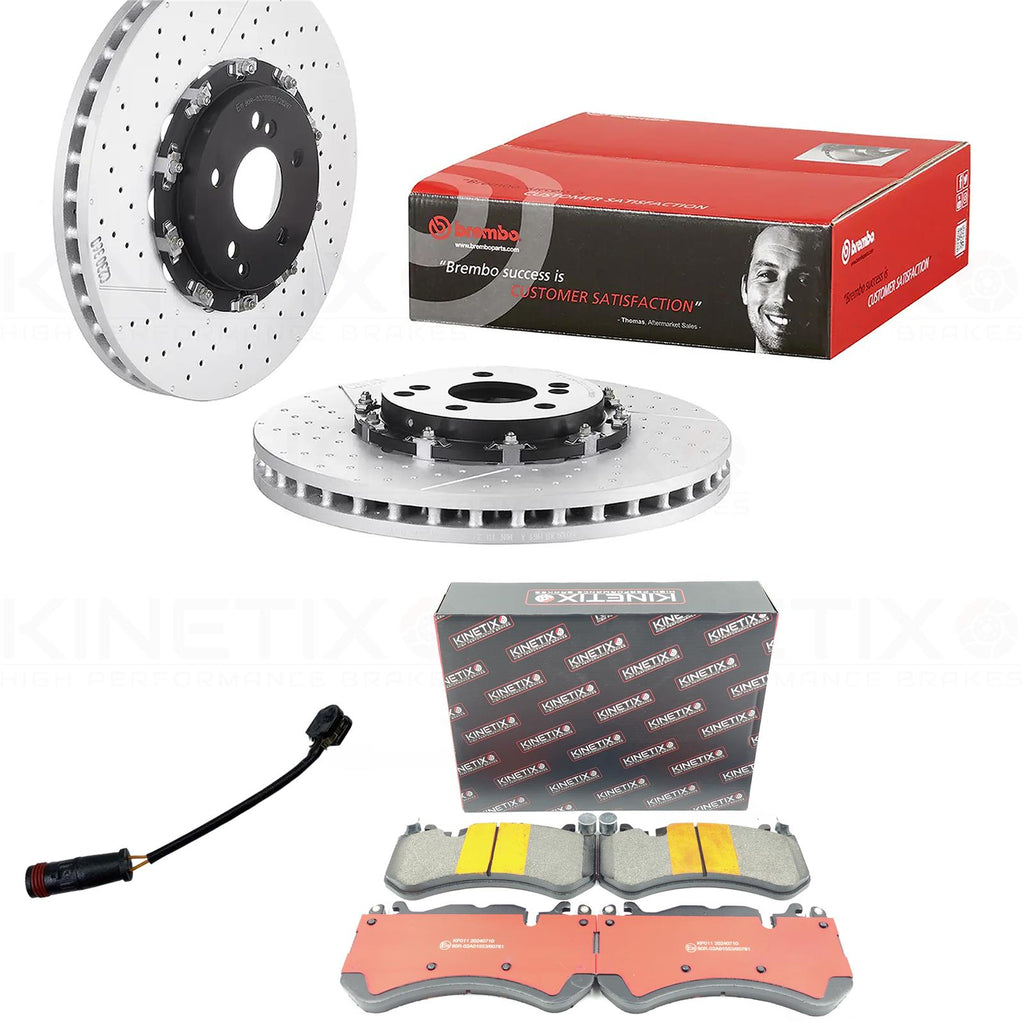 FOR MERCEDES C63 E63 CLS63 AMG 2 PIECE FLOATING FRONT BRAKE DISCS PADS SENSOR