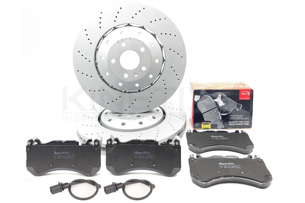 FOR AUDI RS6 RS7 13-18 FRONT DRILLED BRAKE DISCS APEC PADS WEAR SENSORS 390mm