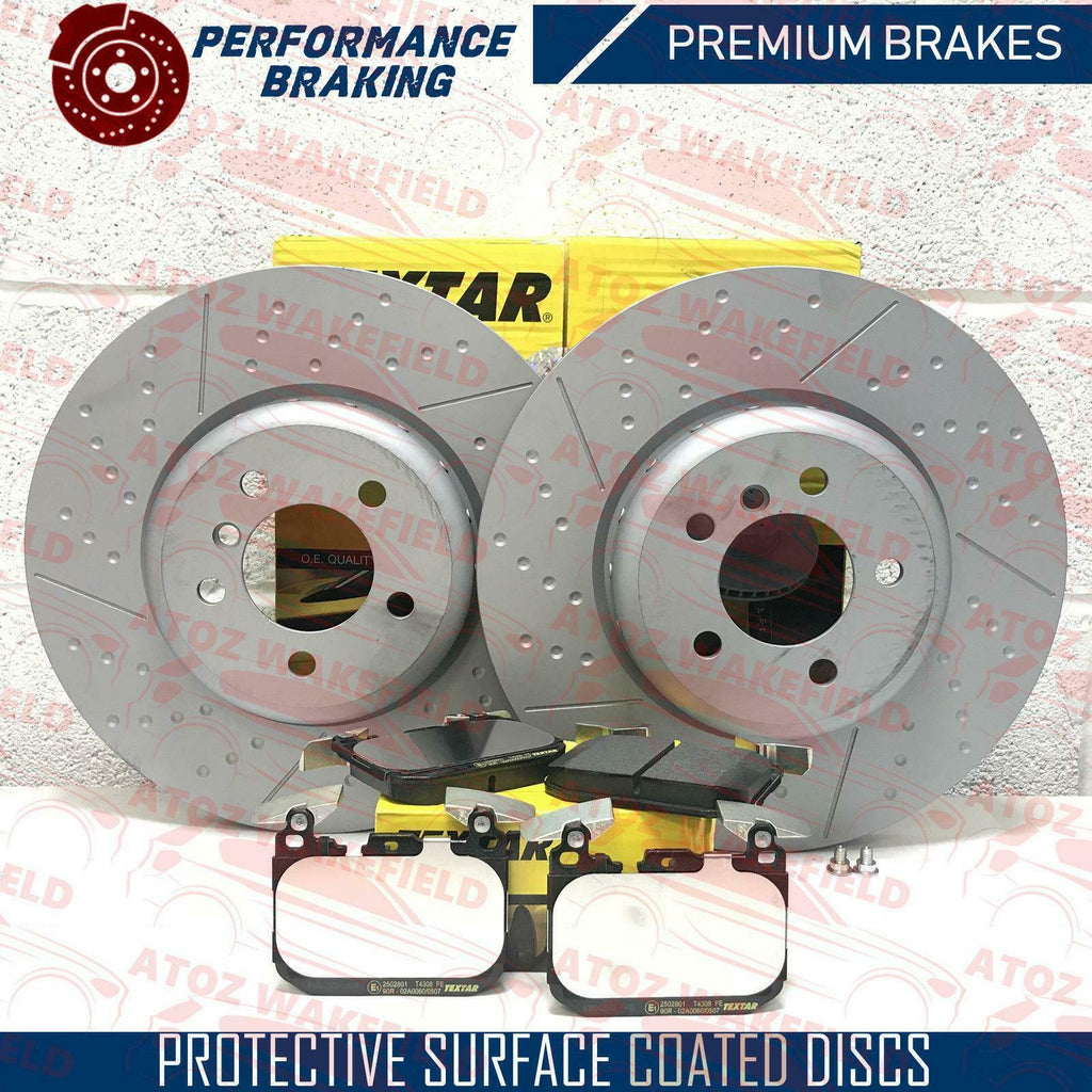 FOR BMW 330d 335d 335i 340i DIMPLED GROOVED TEXTAR FRONT BRAKE DISCS PADS 370mm