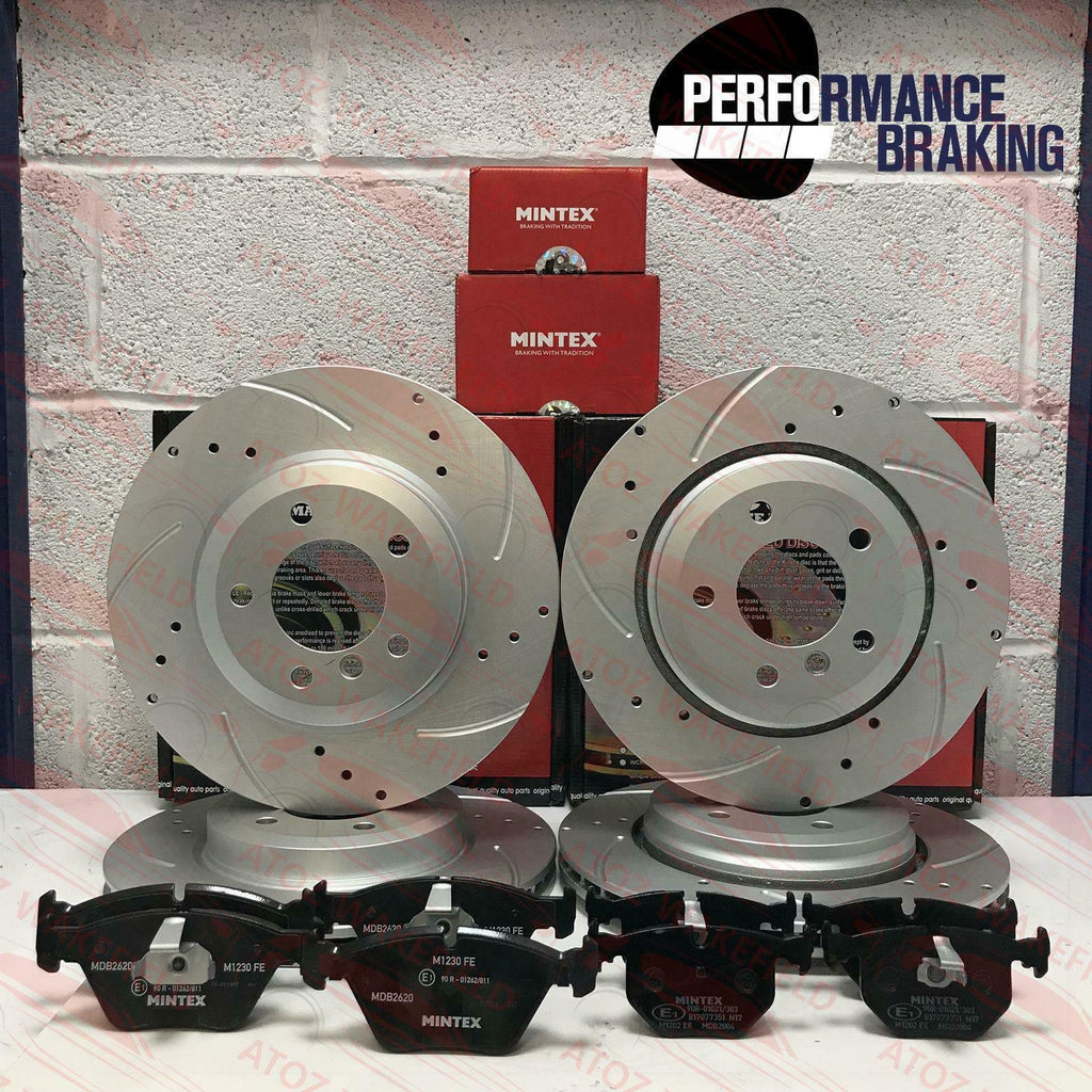 FOR BMW 330i E46 FRONT REAR DRILLED GROOVED BRAKE DISCS MINTEX PADS 325mm 320mm