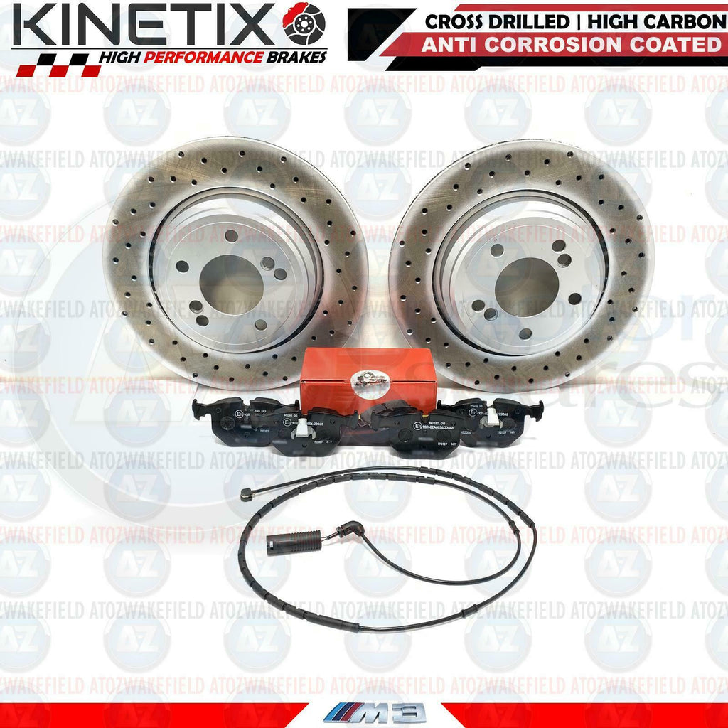 FOR BMW E46 M3 REAR CROSS DRILLED BRAKE DISCS PAD WEAR WIRE SENSOR 328mm
