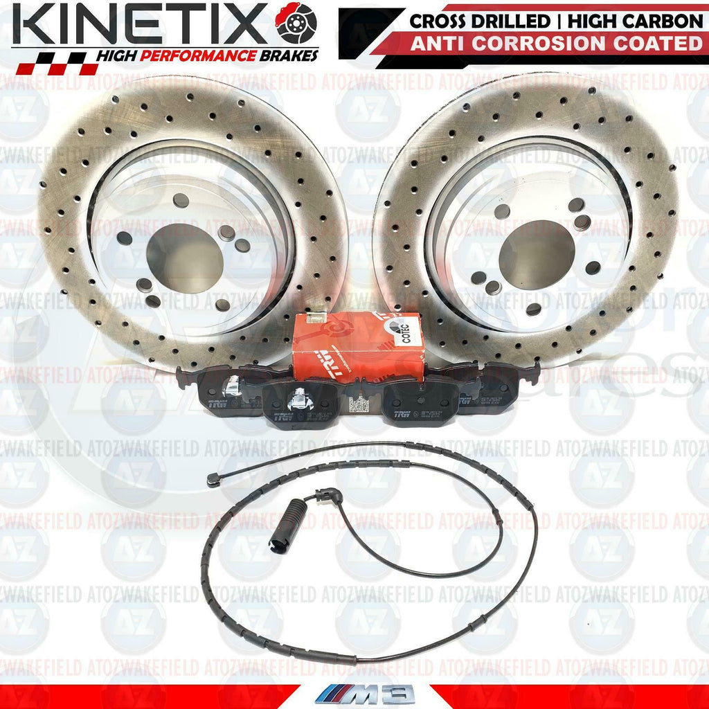 FOR BMW E46 M3 REAR DRILLED PERFORMANCE KINETIX BRAKE DISCS TRW PADS WIRE 328mm