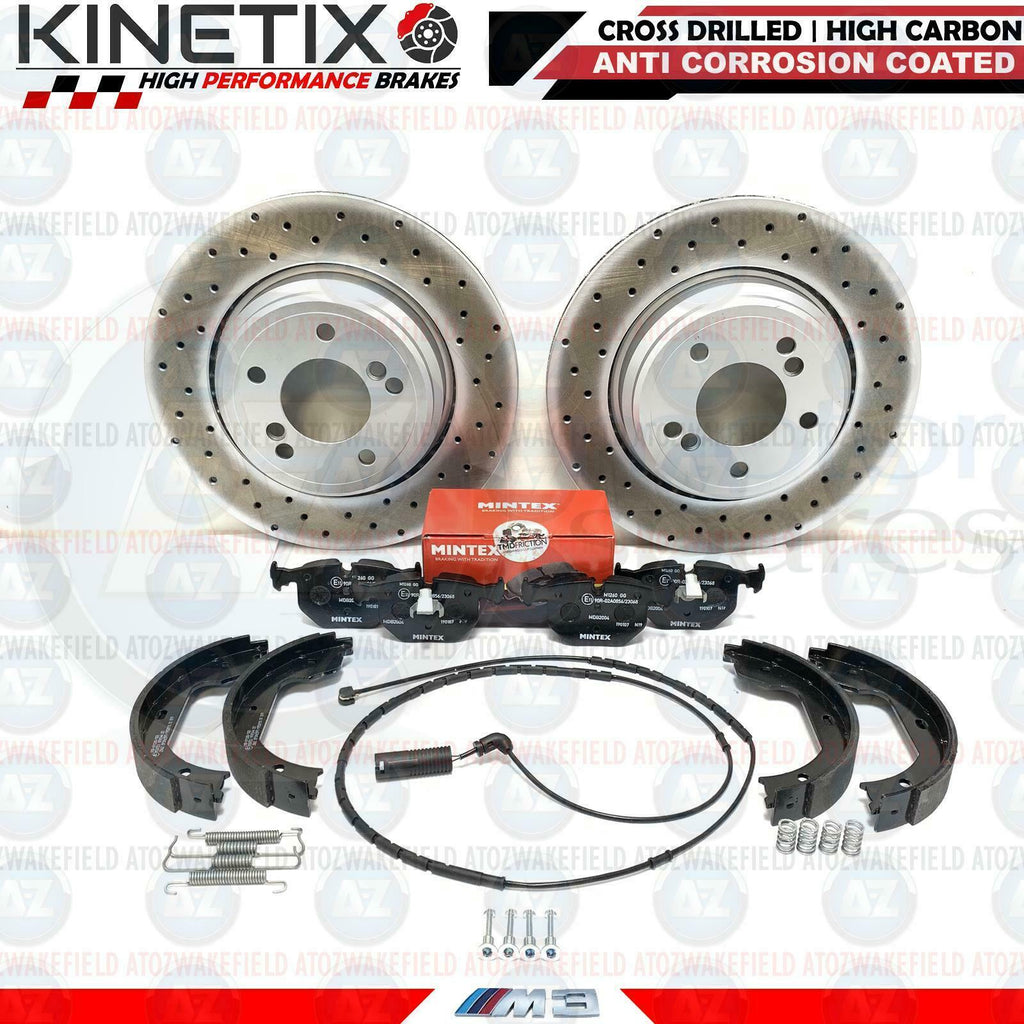 FOR BMW M3 E46 REAR DRILLED BRAKE DISCS MINTEX PADS WIRE HAND BRAKE SHOES KIT