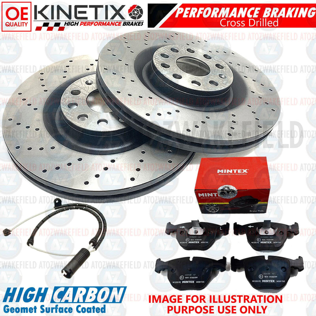 FOR BMW X5 E53 3.0d FRONT CROSS DRILLED BRAKE DISCS MINTEX PADS WIRE SENSOR 332m