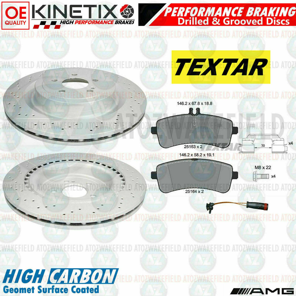 FOR MERCEDES E63S AMG 17- REAR DRILLED GROOVED BRAKE DISCS TEXTAR PADS WIRE 360m