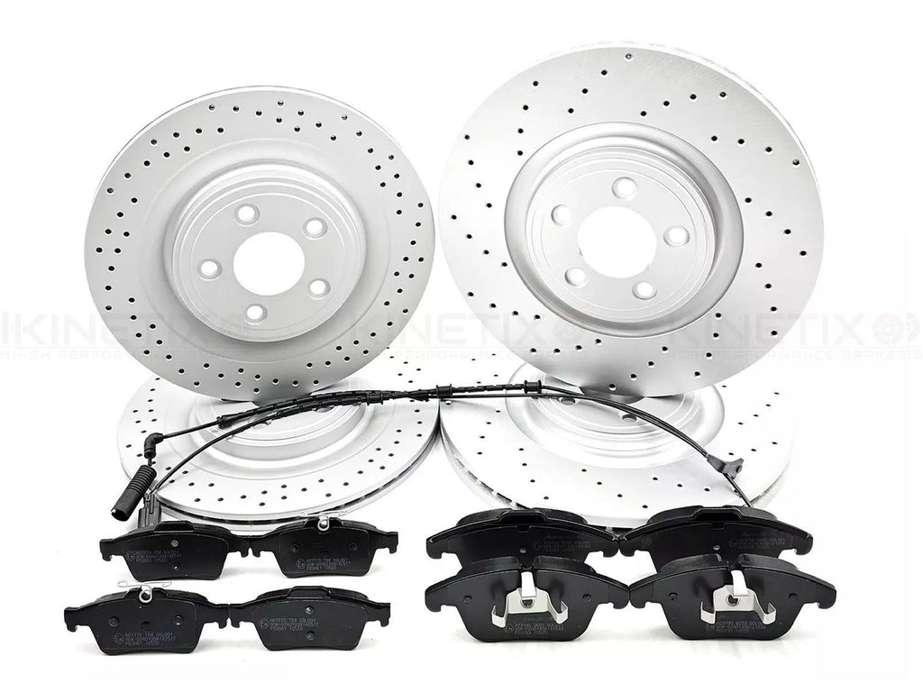 FOR JAGUAR XF XJ FRONT REAR CROSS DRILLED BRAKE DISCS PADS SENSORS 326mm / 326mm