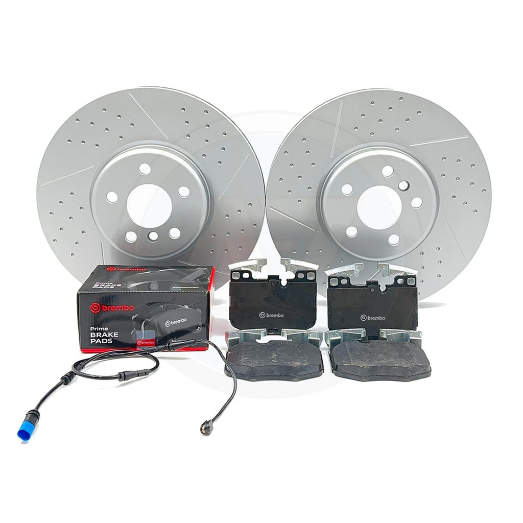 FOR BMW 840d G14 G15 G16 DIMPLED GROOVED FRONT BRAKE DISCS BREMBO PADS SENSOR