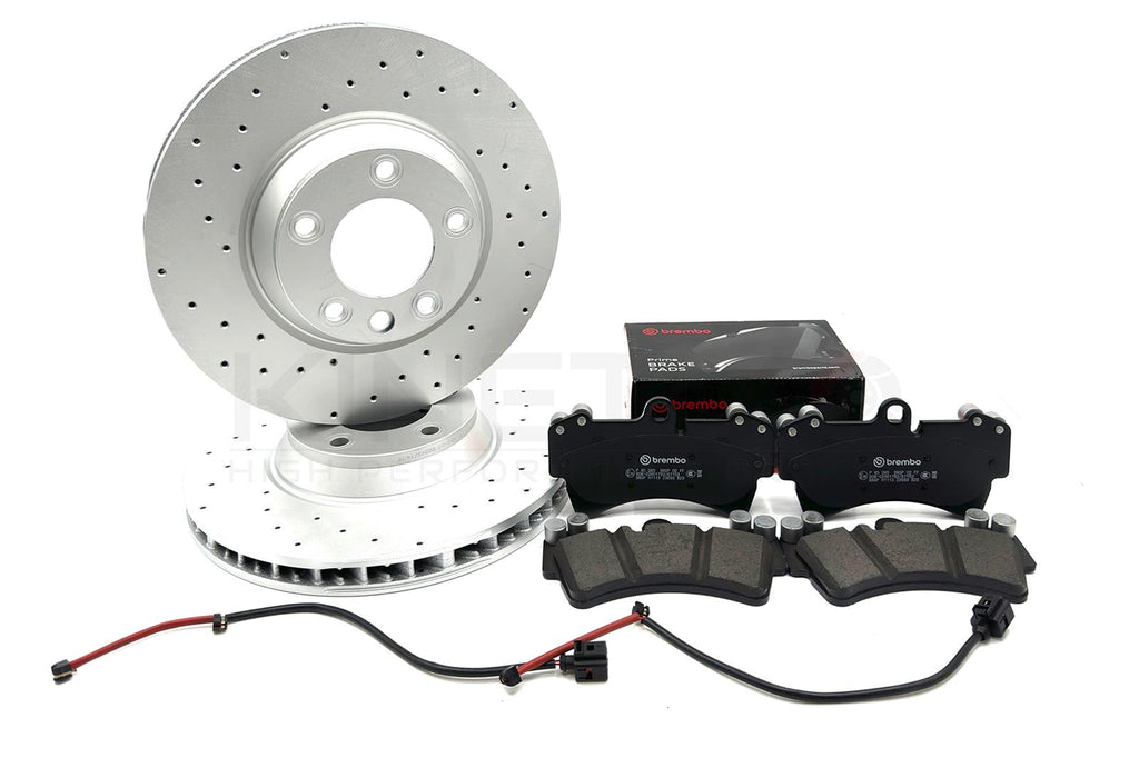 FOR AUDI Q7 3.0 TDI 2006-2015 DRILLED FRONT BRAKE DISCS BREMBO PADS SENSORS