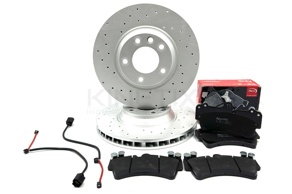 FOR VW TOUAREG 3.0 TDI V6 04-10 DRILLED FRONT BRAKE DISCS APEC PADS SENSORS
