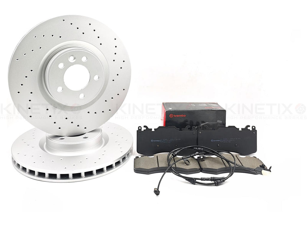 FOR LAND ROVER DEFENDER 3.0 P400 I6 FRONT DRILLED BRAKE DISCS BREMBO PADS WIRE