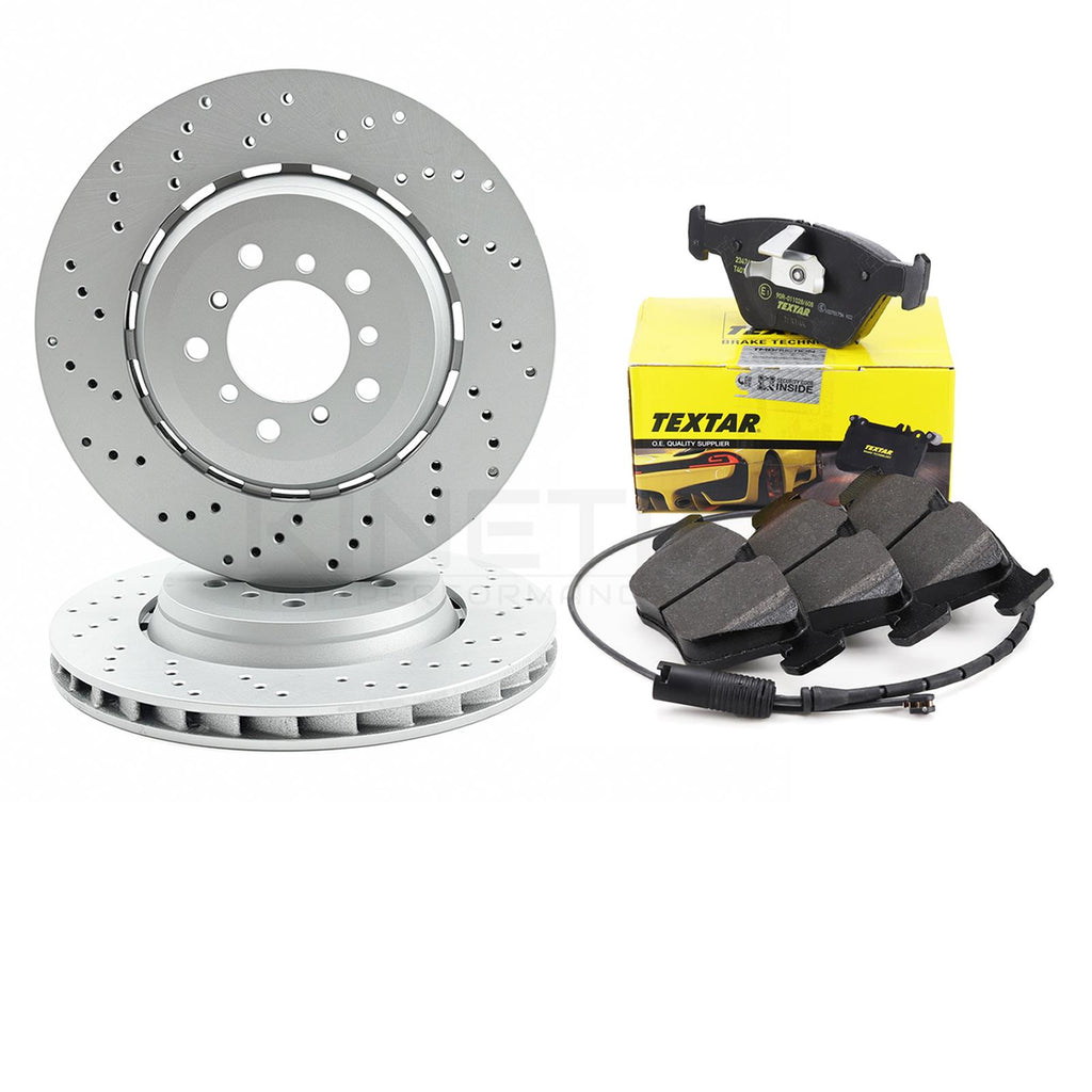 FOR BMW M3 E46 CSL CROSS DRILLED FRONT BRAKE DISCS TEXTAR PADS SENSOR 345mm