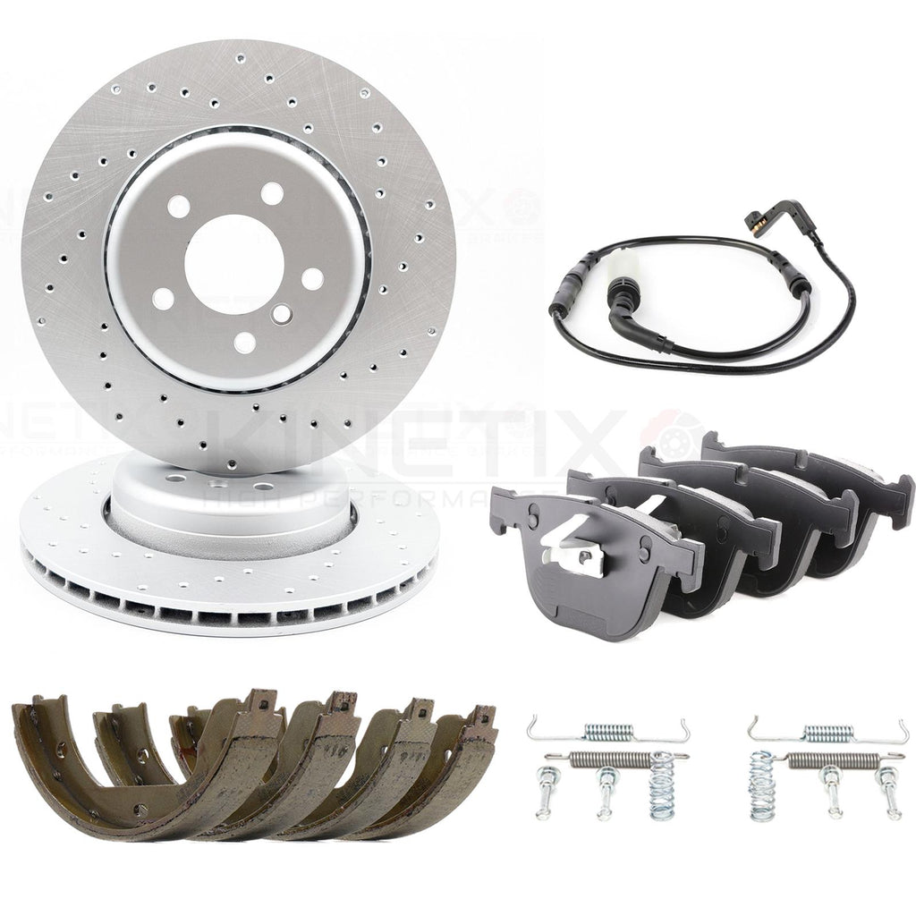 FOR BMW 535d 550i 635d 650i DRILLED REAR BRAKE DISCS PADS SHOES SENSOR 345mm