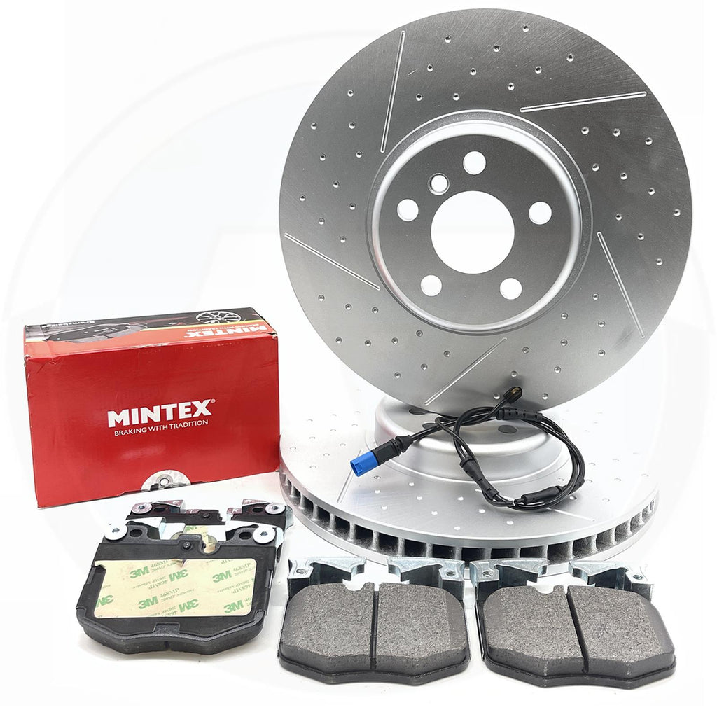 FOR BMW 740e G11 G12 DIMPLED GROOVED FRONT BRAKE DISCS MINTEX PADS SENSOR 348mm