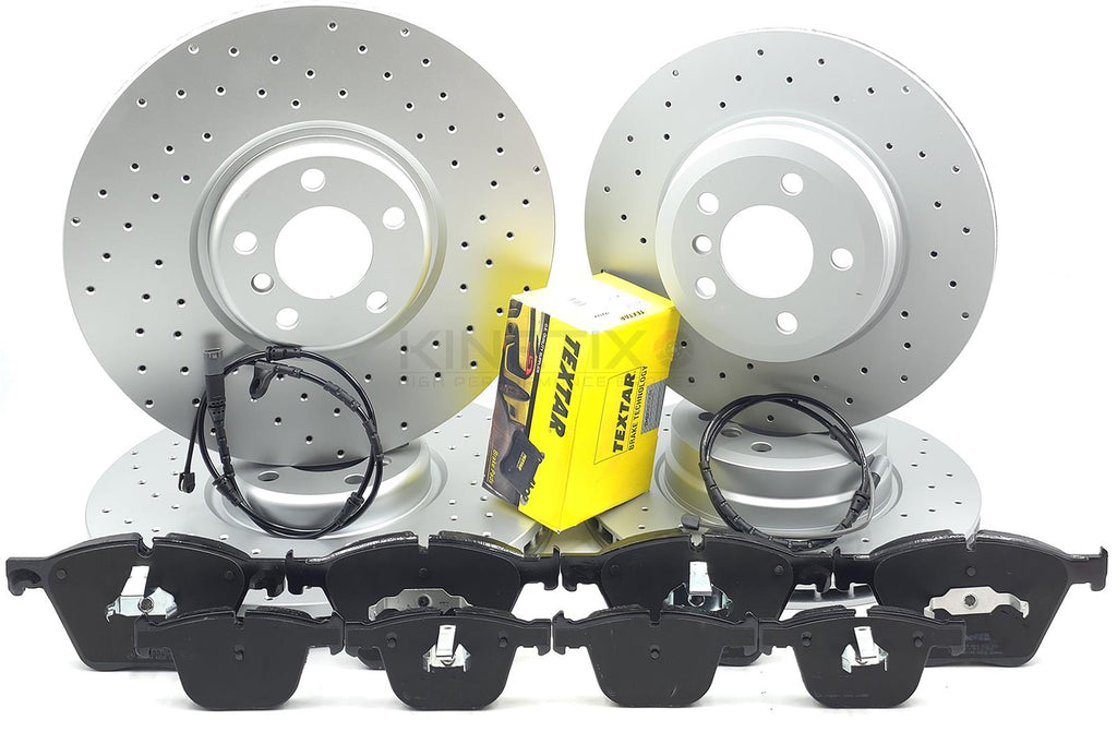 FOR BMW X5 M50d 50i FRONT REAR BRAKE DISCS TEXTAR PADS SENSOR WIRES 385mm 345mm