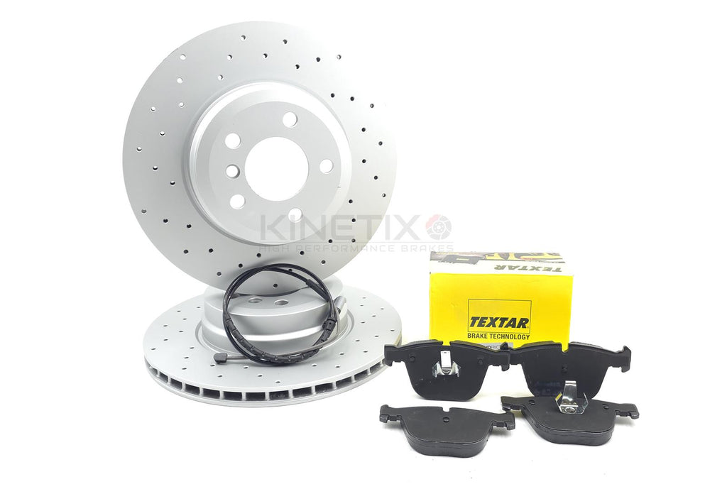 FOR BMW X6 M50d 50i DRILLED REAR BRAKE DISCS TEXTAR PADS WIRE SENSOR 345mm