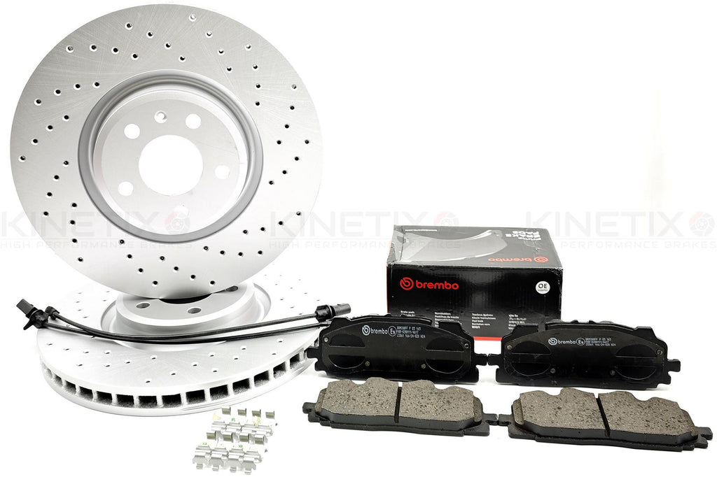 FOR AUDI A6 A7 A8 Q5 55 TFSI FRONT DRILLED BRAKE DISCS BREMBO PADS SENSORS 350mm