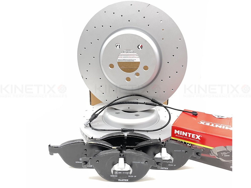 FOR BMW M550d F10 F11 FRONT DRILLED BRAKE DISCS MINTEX PADS SENSOR WIRE 374mm