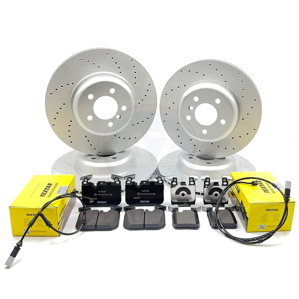 FOR BMW 330d 430d DRILLED FRONT REAR BRAKE DISCS TEXTAR PADS SENSORS 370mm 345mm