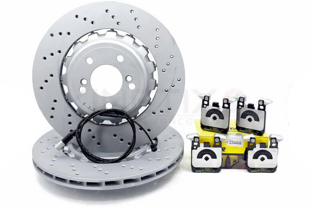 FOR BMW M2 M3 M4 CROSS DRILLED REAR BRAKE DISCS TEXTAR PADS WEAR SENSOR 370mm
