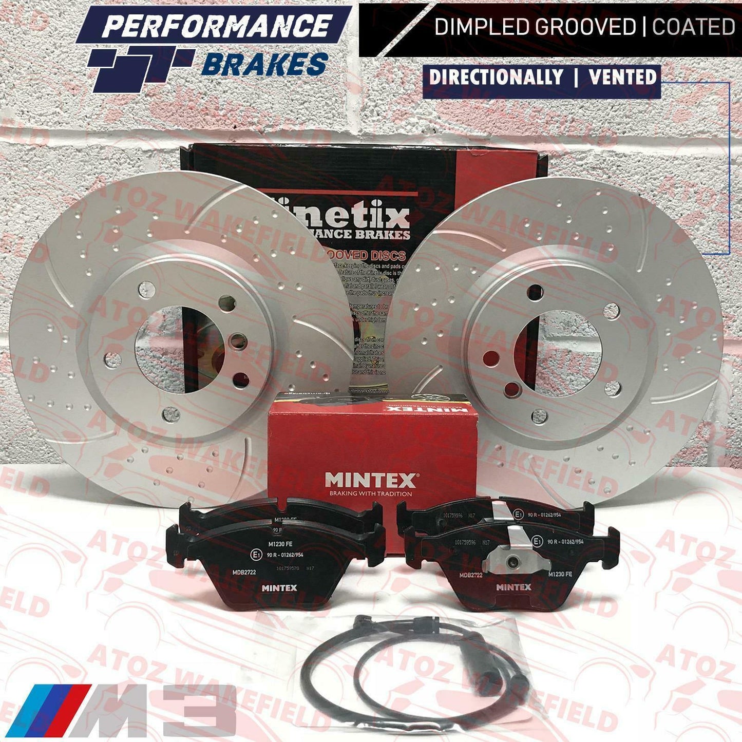 BMW E36 M3 EVO FRONT DIMPLED GROOVED BRAKE DISC DISCS MINTEX PADS SENSOR WIRE