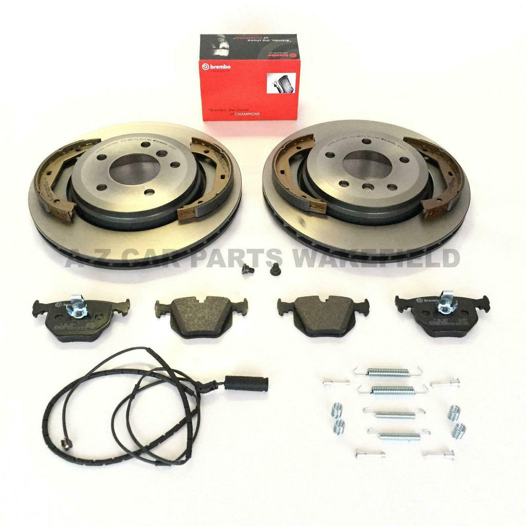 Bmw E46 Rear Coated Brembo Brake Discs And Pads + Handbrake Shoes + Sensor + Kit