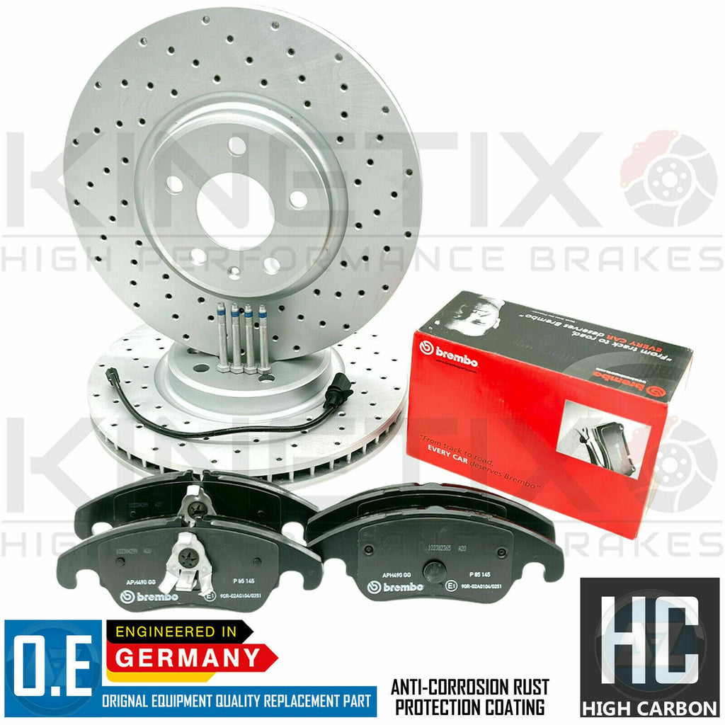 FOR AUDI A5 2.7 TDi FRONT DRILLED BRAKE DISCS BREMBO PADS & WEAR SENSOR 320mm