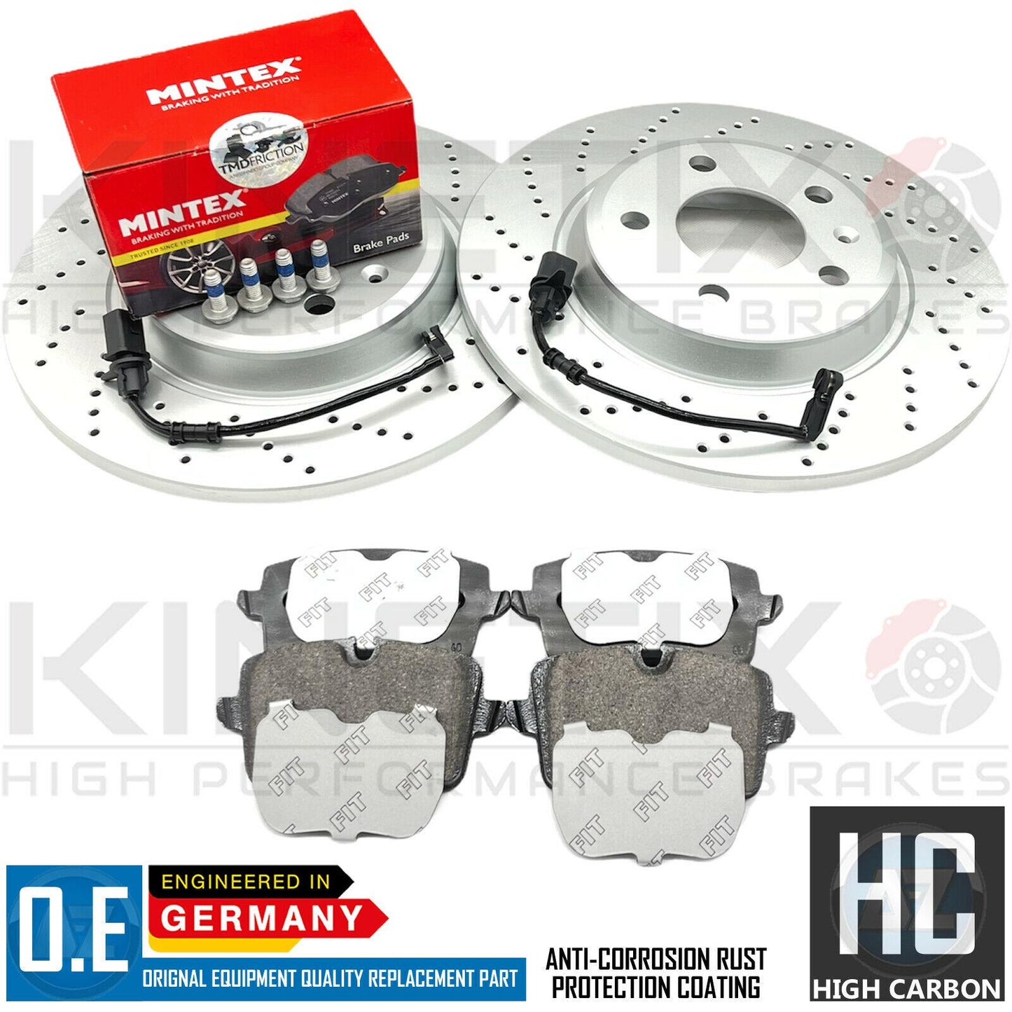 FOR AUDI A4 2.0 TFSI B8 REAR CROSS DRILLED BRAKE DISCS MINTEX PADS & WIRES 300mm