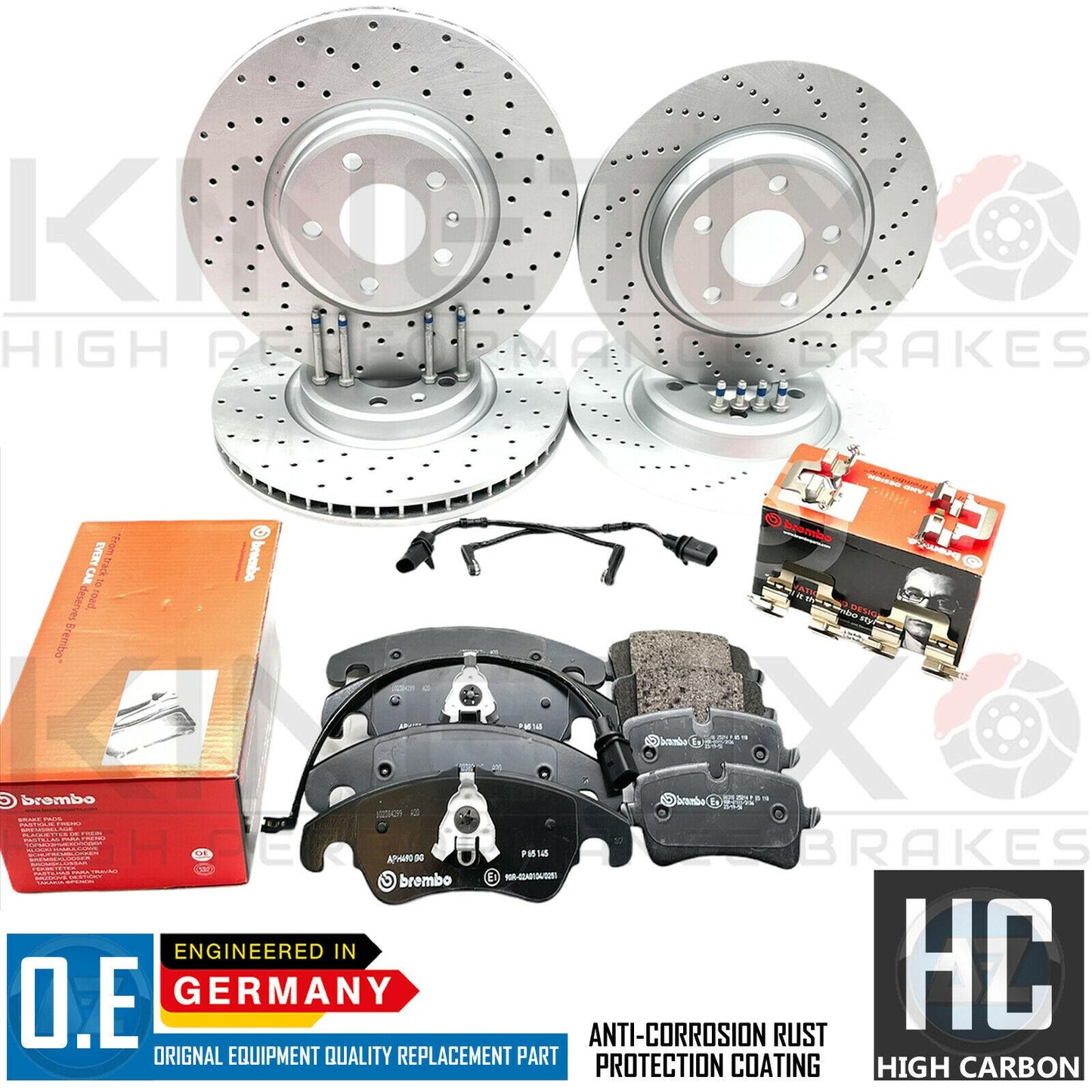 FOR AUDI A5 2.0 TFSI FRONT REAR DRILLED BRAKE DISCS BREMBO PADS WIRE SENSORS