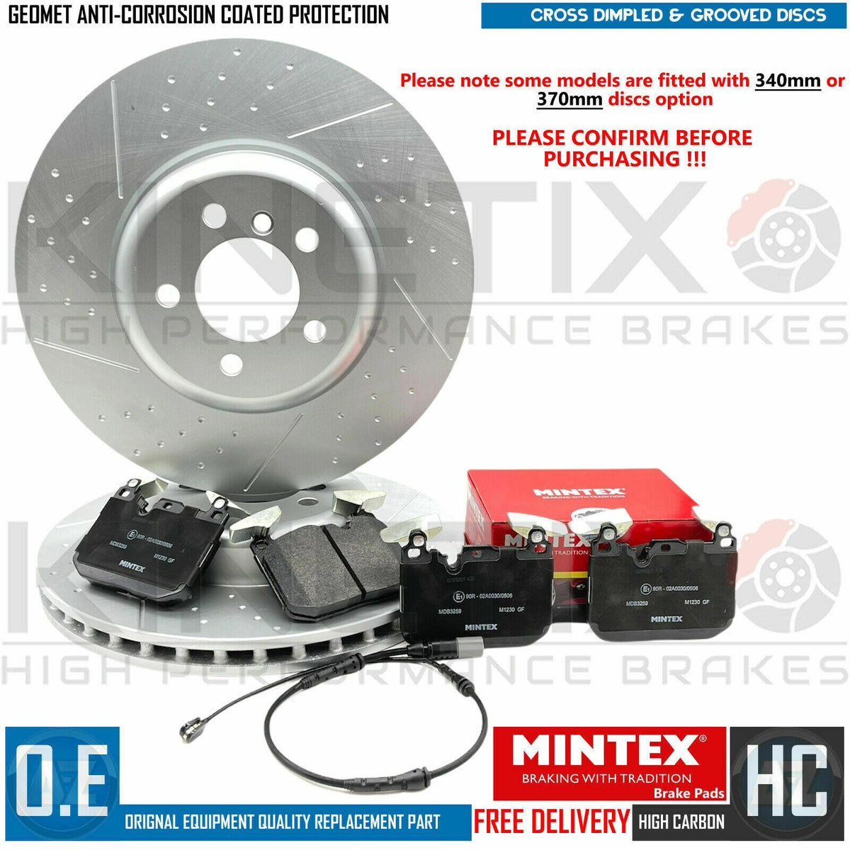 FOR BMW 440i M SPORT FRONT DIMPLED GROOVED BRAKE DISCS MINTEX PADS SENSOR 370mm