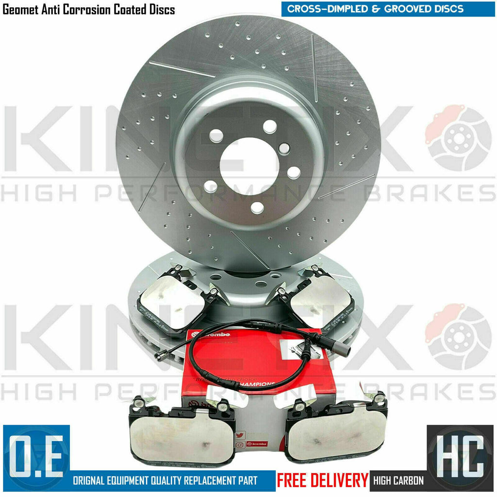 FOR BMW 3/4 SERIES FRONT DIMPLED GROOVED BRAKE DISCS BREMBO PADS + SENSOR 370mm