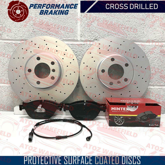 FOR BMW 525d F10 F11 M SPORT FRONT DRILLED BRAKE DISCS MINTEX PADS WIRE SENSOR