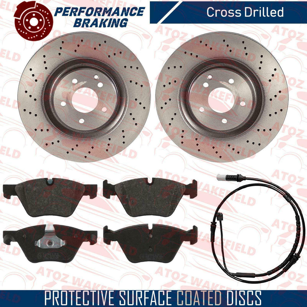 FOR BMW 520d M SPORT FRONT DRILLED BRAKE DISCS MINTEX PADS WEAR WIRE SENSOR 330m