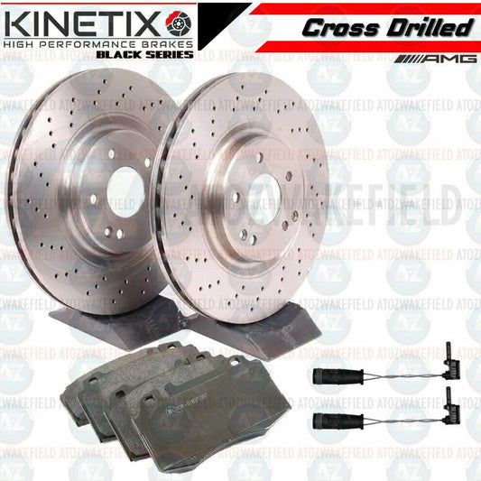 FOR MERCEDES C32 C55 AMG FRONT DRILLED BRAKE DISCS PADS SENSORS 345mm