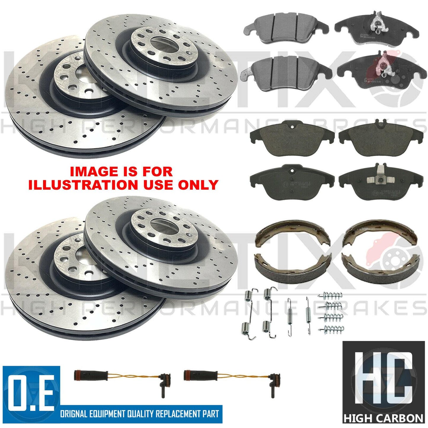 FOR MERCEDES C/E CLASS FRONT REAR BRAKE DISCS PADS HAND BRAKE SHOES WIRE SENSORS