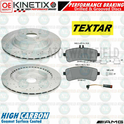 FOR MERCEDES E63 AMG 2017- REAR DRILLED GROOVED BRAKE DISCS TEXTAR PADS 360mm