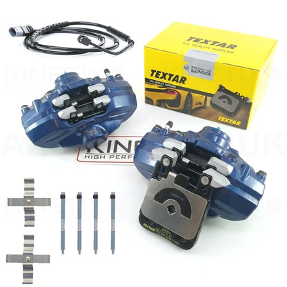 FOR BMW M2 F87 M3 F80 M4 F82 F83 REAR LEFT RIGHT BRAKE CALIPERS TEXTAR OEM PADS SENSOR & FITTING PINS KIT (BLUE)