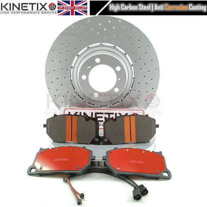 FOR PORSCHE CAYENNE 2.9 / 3.0 / 4.0 TAYCAN CROSS DRILLED PERFORMANCE FRONT BRAKE DISCS RACING PADS & WEAR WIRE SENSOR LEADS 415mm X 40mm 9Y0615302 | 9Y0615301 | 9Y0615302C | 9Y0615301C | 9Y0615301AA | 9Y0615302AA | 9Y0615301AF | 9Y0615302AF