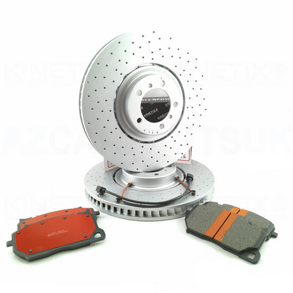 FOR PORSCHE CAYENNE 2.9 / 3.0 / 4.0 TAYCAN CROSS DRILLED PERFORMANCE FRONT BRAKE DISCS RACING PADS & WEAR WIRE SENSOR LEADS 415mm X 40mm 9Y0615302 | 9Y0615301 | 9Y0615302C | 9Y0615301C | 9Y0615301AA | 9Y0615302AA | 9Y0615301AF | 9Y0615302AF