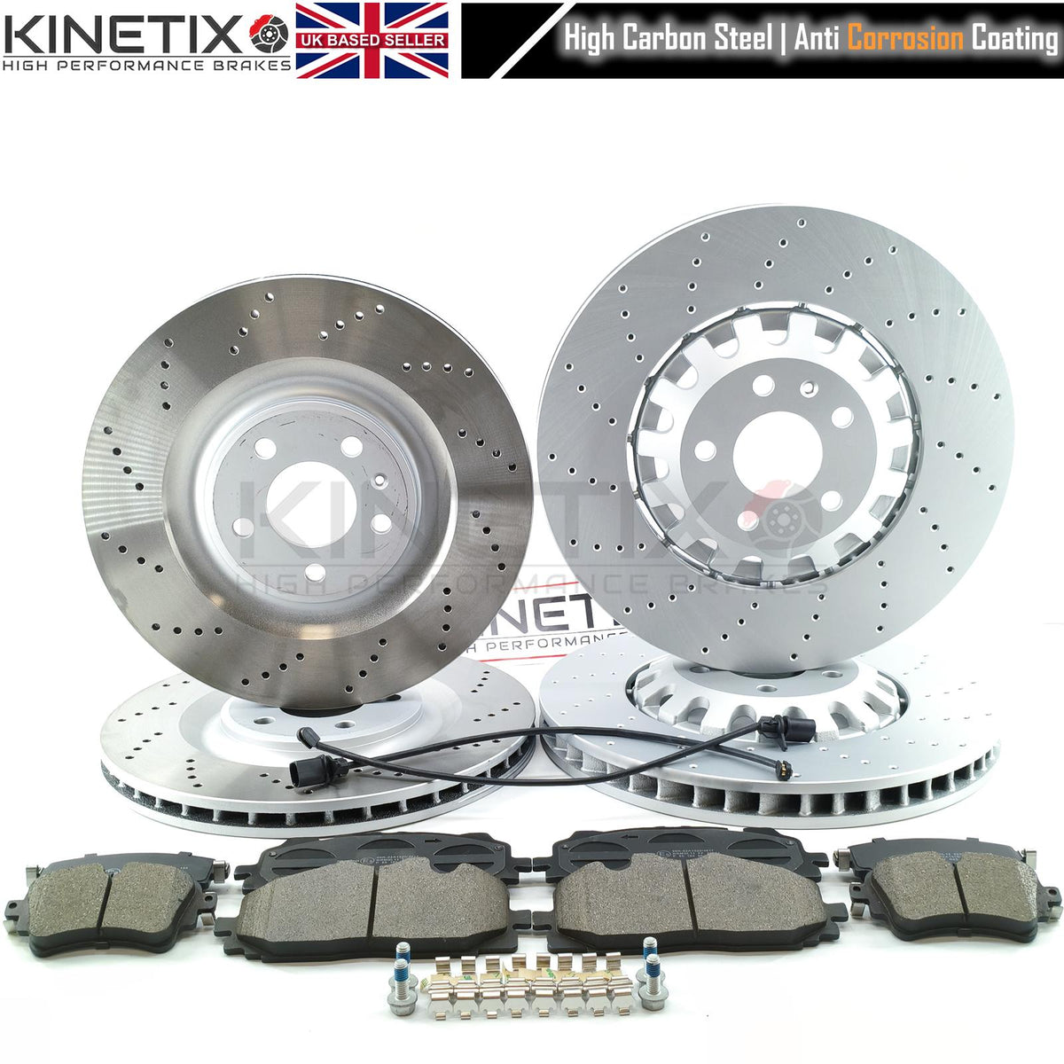 FOR AUDI E-TRON Q7 Q8 2015-> CROSS DRILLED PERFORMANCE FRONT REAR BRAKE DISCS PADS & WEAR WIRE SENSOR LEADS 375mm 350mm