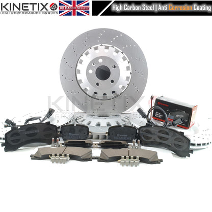 FOR AUDI E-TRON S6 S7 S8 SQ7 SQ8 CROSS DRILLED PERFORMANCE FRONT REAR BRAKE DISCS BREMBO PADS & WEAR WIRE SENSOR LEADS 400mm 350mm