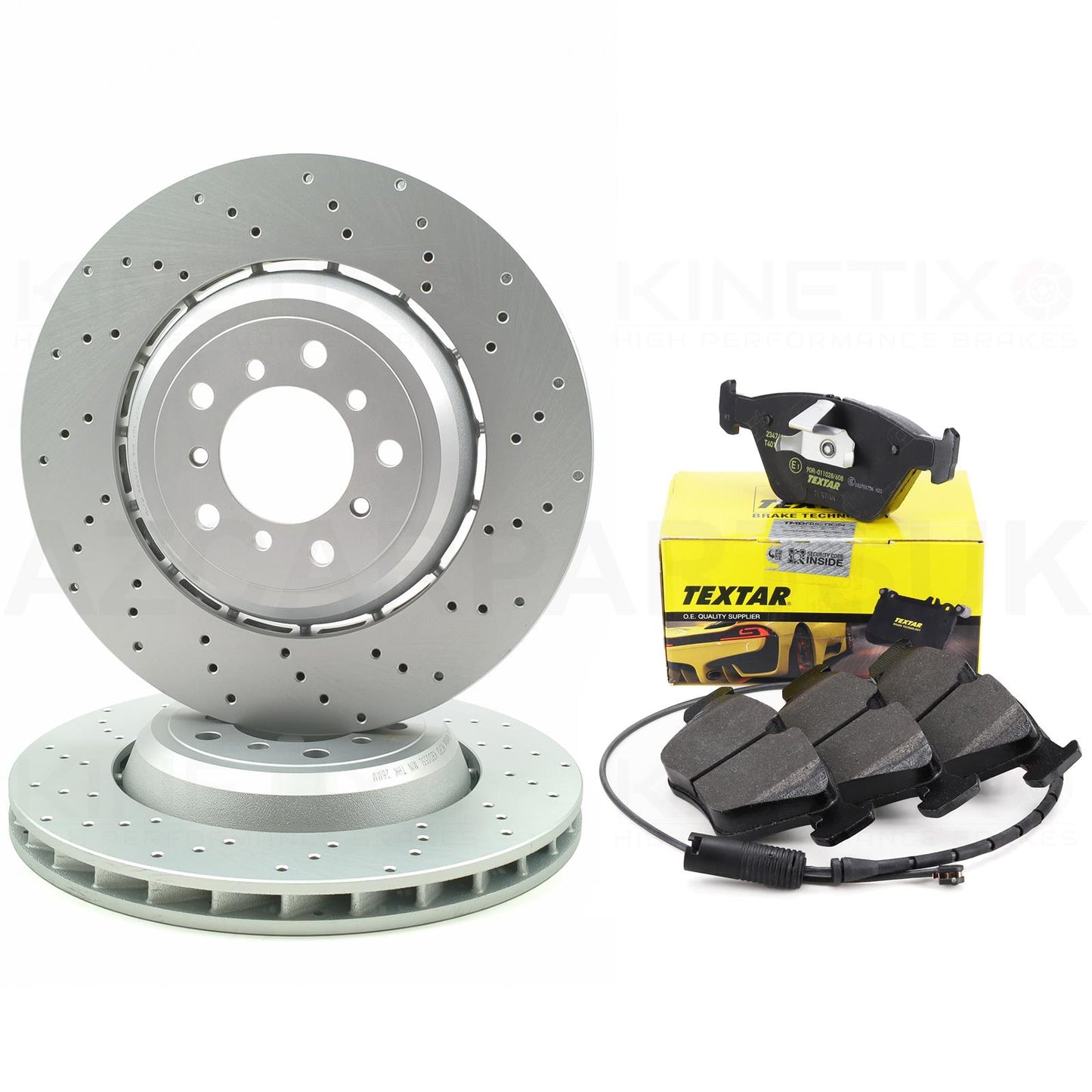 FOR BMW M3 E46 CSL Z4M E85 E86 Z4 M CROSS DRILLED FRONT BRAKE DISCS TEXTAR PADS & WEAR WIRE SENSOR LEAD 345mm X 28mm