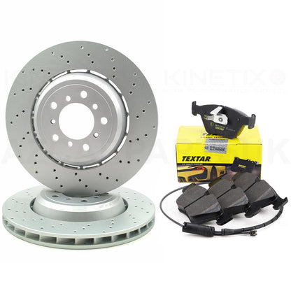 FOR BMW M3 E46 CSL Z4M E85 E86 Z4 M CROSS DRILLED FRONT BRAKE DISCS TEXTAR PADS & WEAR WIRE SENSOR LEAD 345mm X 28mm