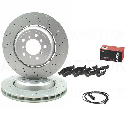 FOR BMW M3 E46 CSL Z4 M E85 E86 CROSS DRILLED FRONT BRAKE DISCS BREMBO PADS & WEAR WIRE SENSOR LEAD 345mm X 28mm