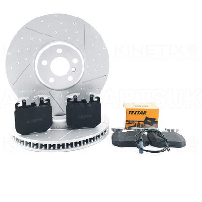 BMW 740Le M SPORT DIMPLE GROOVED FRONT BRAKE DISCS TEXTAR PADS SENSOR 374mm
