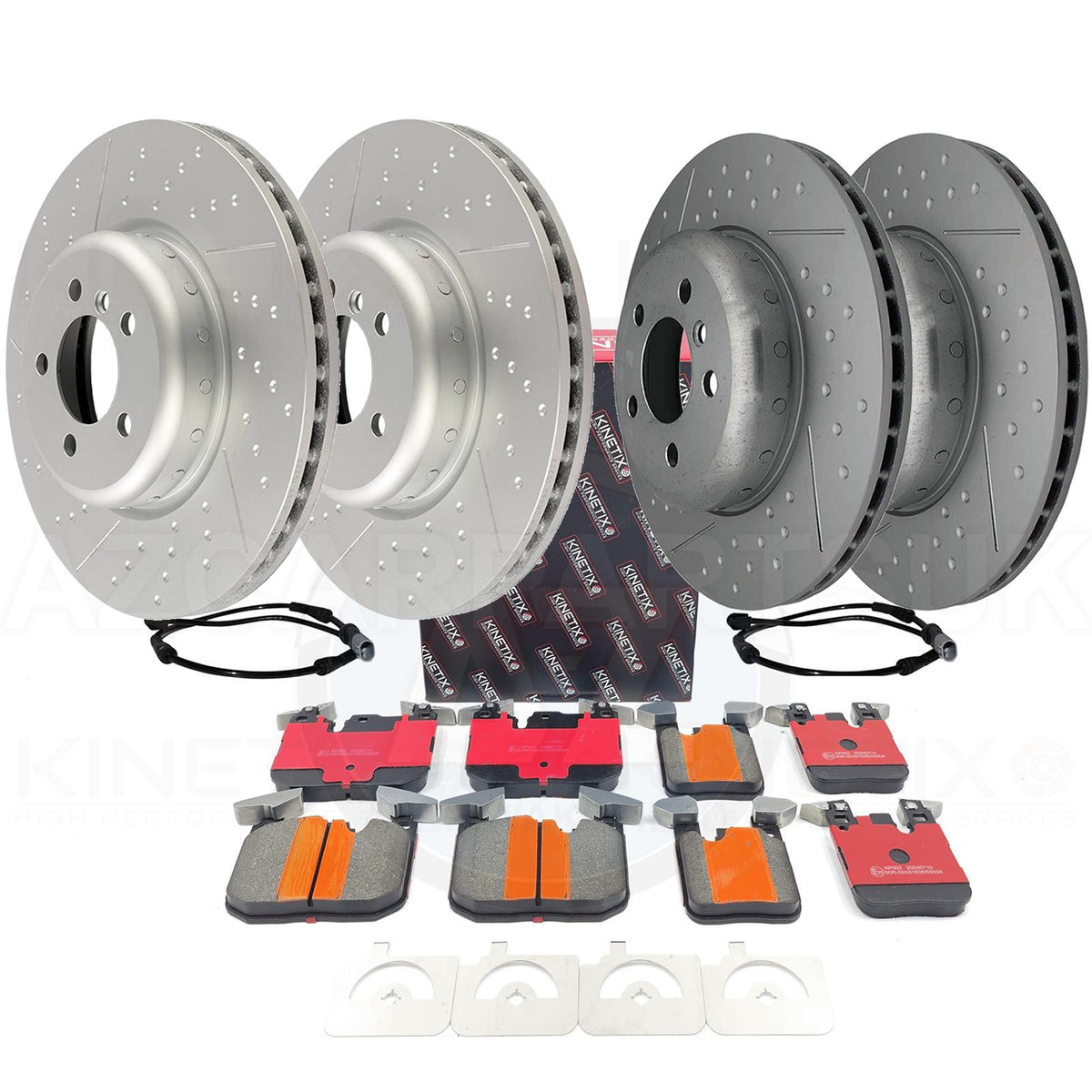 FOR BMW 335i 435i M SPORT M PERFORMANCE 2 PIECE Bi-METALLIC FRONT REAR DIMPLED GROOVED BRAKE DISCS CERAMIC RACING PADS & WEAR WIRE SENSOR LEADS 370mm 345mm F3xx