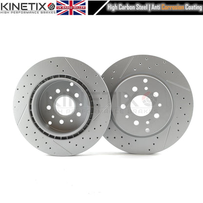 FOR MASERATI GRANTURISMO GRANCABRIO 4.2/4.7 V8 DRILLED REAR BRAKE DISCS PAIR 330mm X 28mm KINETIX 221253 | 228411 | 257142