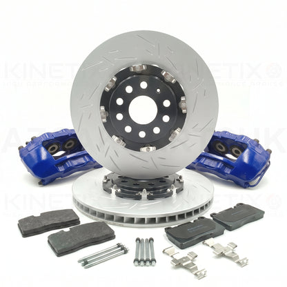 FOR AUDI S3 SQ2 VW GOLF R GTi R32 T-ROC R SEAT LEON CUPRA ATECA KINETIX PORSCHE MACAN 95B 4 POT 4 PISTON FRONT BIG BRAKE KIT UPGRADE 345mm X 30mm (BRAKE DISCS PADS FITTING KIT) BLUE
