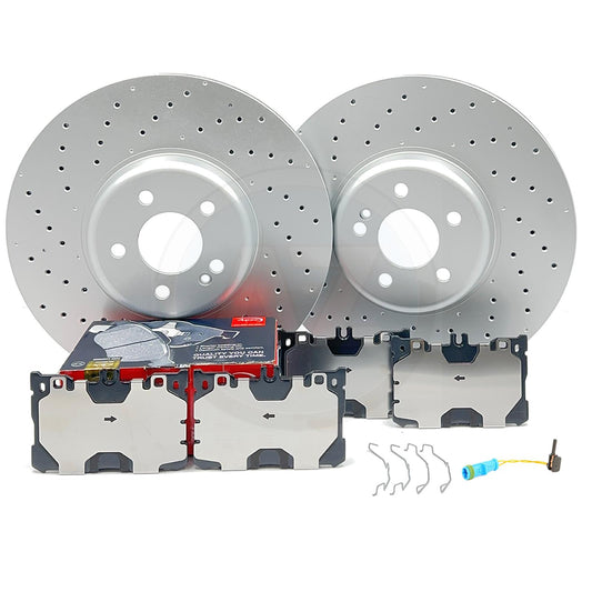FOR MERCEDES CLS450 EQ Boost DRILLED FRONT BRAKE DISCS APEC PADS SENSOR 360mm