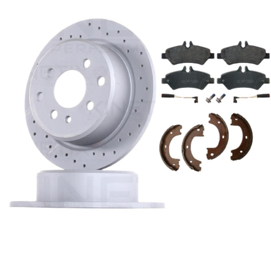 FOR MERCEDES SPRINTER VW CRAFTER 2006- CROSS DRILLED REAR BRAKE DISCS PADS SHOES