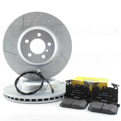 FOR BMW 330d 335d 430d 435d Fxx M SPORT PERFORMANCE DIMPLED GROOVED Bi-METTALIC FRONT BRAKE DISCS TEXTAR OEM PADS & WEAR SENSOR LEAD 370mm